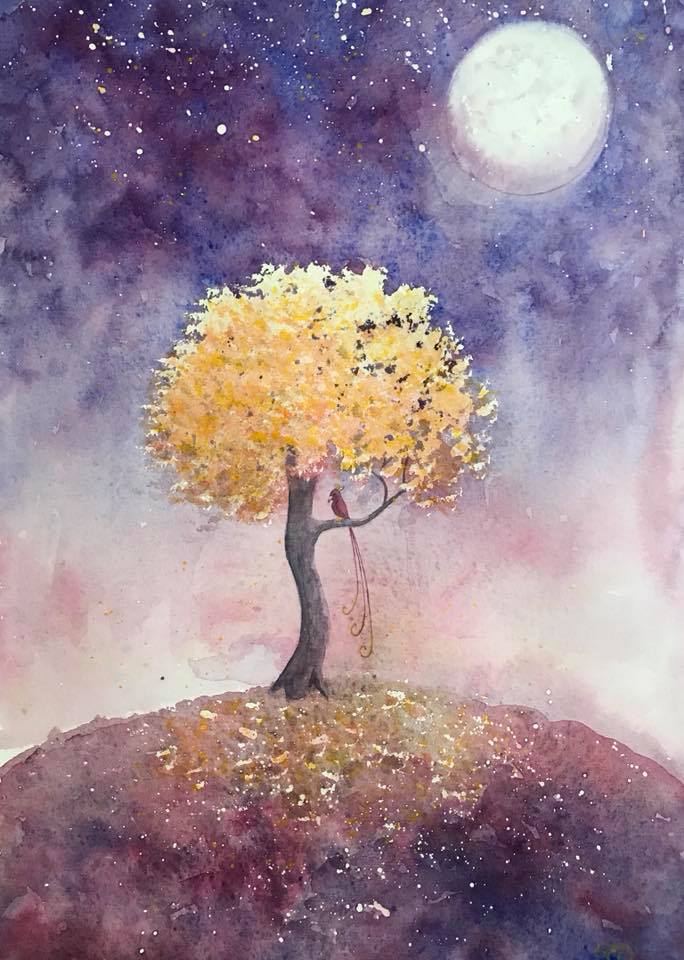 Golden tree watercolor painting