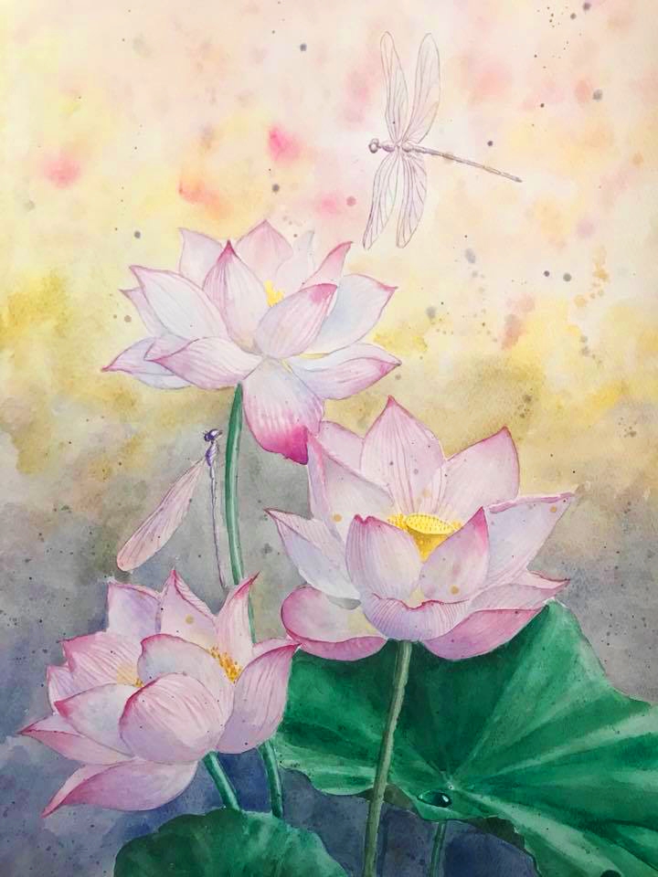 Watercolor lotos painting by Tatyana Bondareva