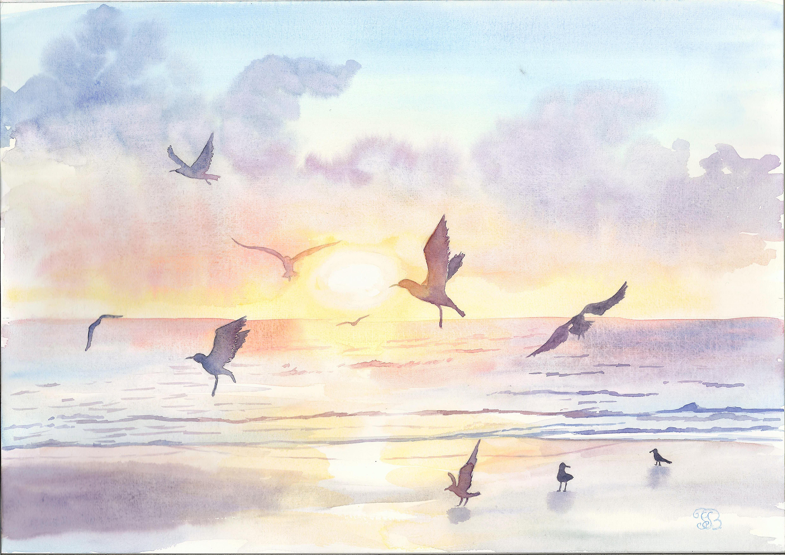 Sea Sunset watercolor painting by Tatyana Bondareva