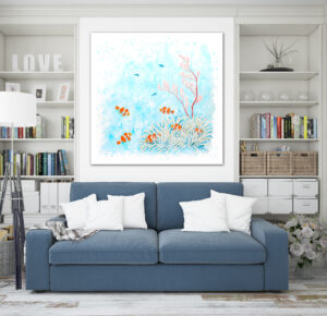Clown fish in room square acrylic painting by Tatyana Bondareva
