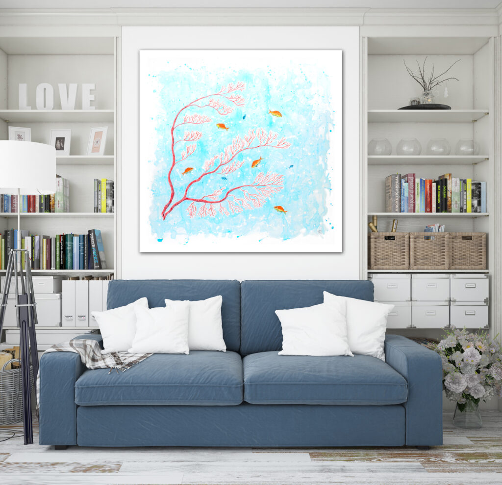 Red coral with fish acrylic painting by Tatyana Bondareva