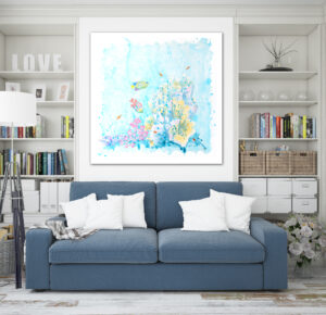 Lettuce Coral with Tropical Fish acrylic square painting by Tatyana Bondareva