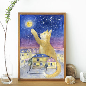Ginger Cat in Town watercolor painting