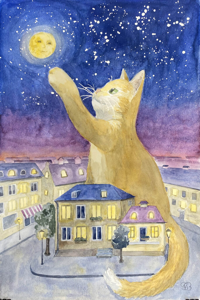 Ginger Cat in Town watercolor painting
