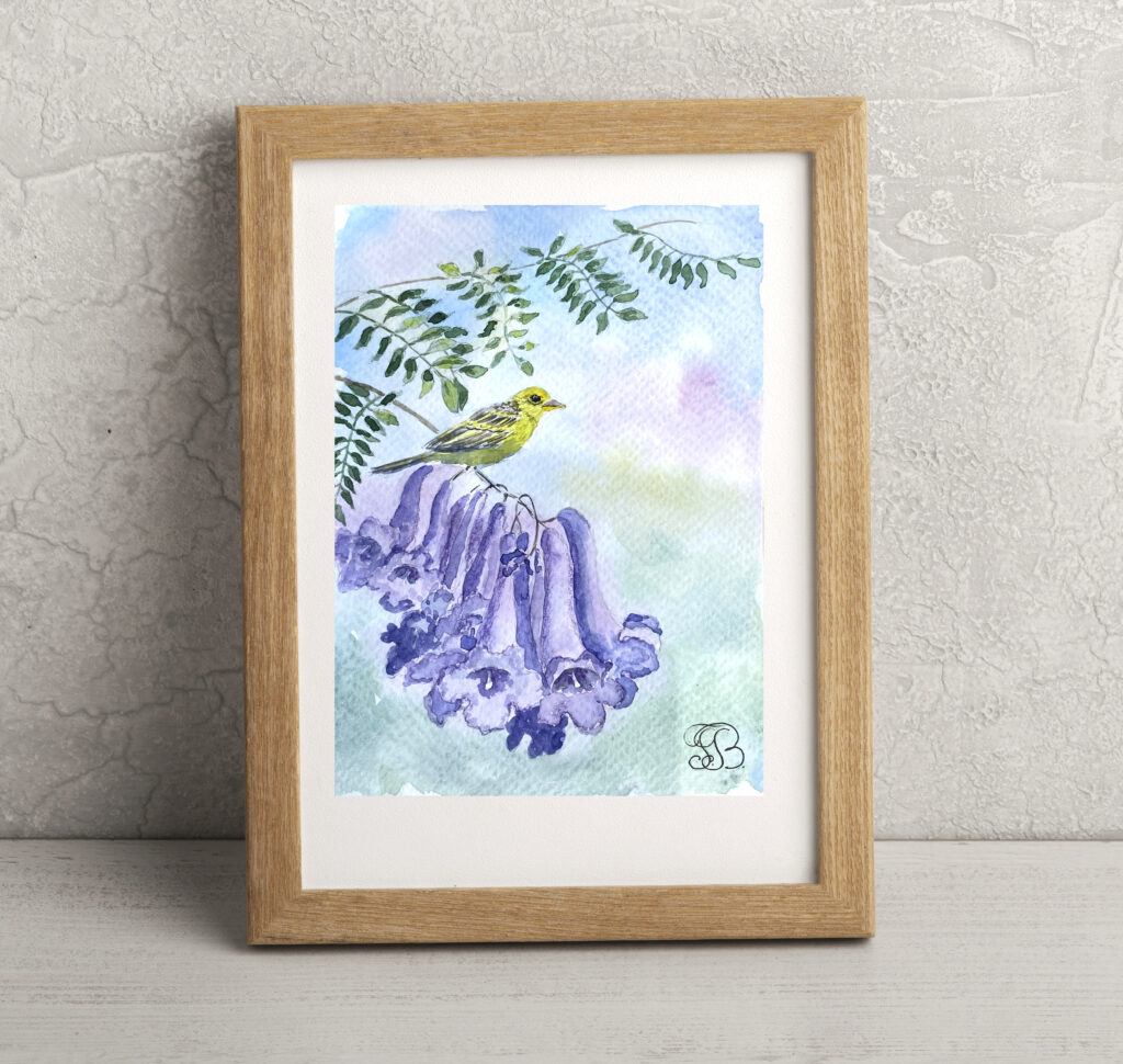 Yellow bird on Jacaranda Tree Watercolor Painting