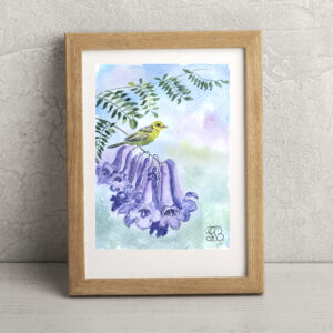 Yellow bird on Jacaranda Tree Watercolor Painting