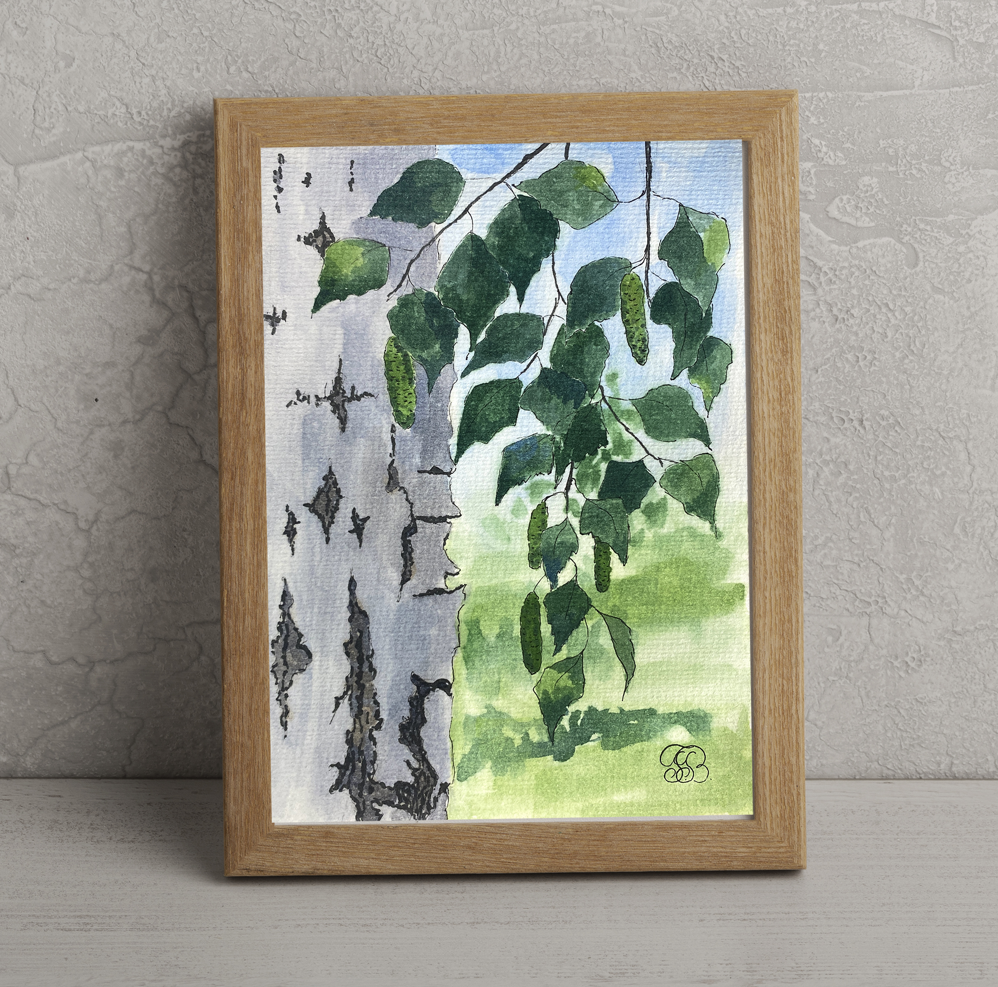 Original watercolor painting of a birch tree with green leaves and white bark by artist Tatyana Bondareva