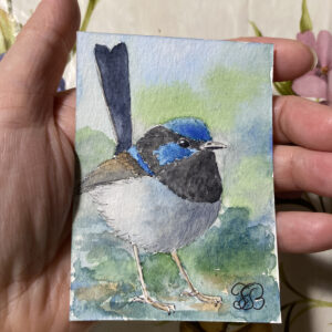 Blue Fairy Wren watercolor miniature painting