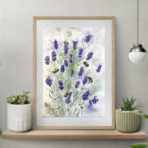 Lavender and bumble bees watercolor painting